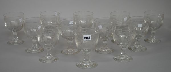 A set of twelve engraved glass rummers, 20th century, each generous bowl engraved with hops and barley, 15.5cm. high. (12).