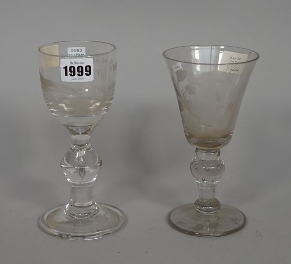 An engraved glass goblet, 19th century, the ogee bowl engraved with a running fox and the inscription, `TO THE BEST OF ANIMALS IN THE BEST OF `SPIRITS