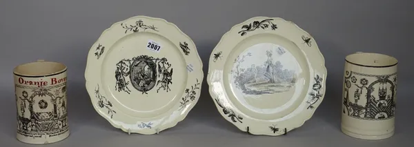 A creamware plate, late 18th century, printed in black with a medallion enclosing Minerva, flanked by trophies of game, the border scattered with flow