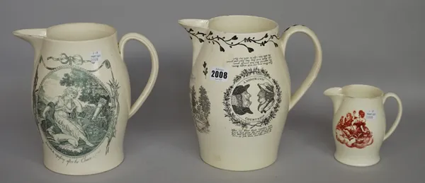 Three creamware black printed baluster jugs, circa 1800, various prints including, `The Orphan Boy' , 'Diana reposing after the Chace' and `Matrimony'