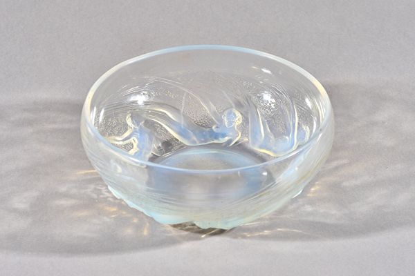 Rene Lalique, 'Ondines', an opalescent glass bowl, circa 1921, moulded with a band of naked sirens, wheel etched mark 'R. LALIQUE FRANCE', 20cm dia.Il