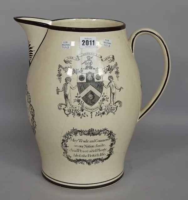 A large English creamware baluster jug, probably Liverpool, circa 1800, printed on one side with `The Joiners Arms', the reverse with a three-masted s