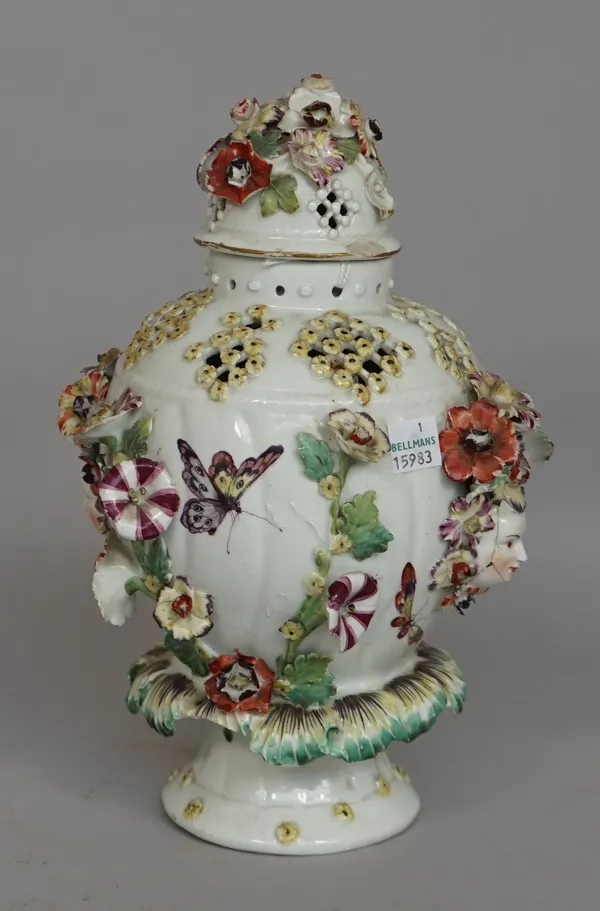 A Derby porcelain frill vase and cover, circa 1760, of traditional form, painted with scattered insects and applied in high relief with flowers and tw