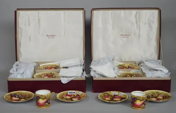 A set of six Anysley porcelain fruit painted coffee cans and saucers, boxed and another the same.