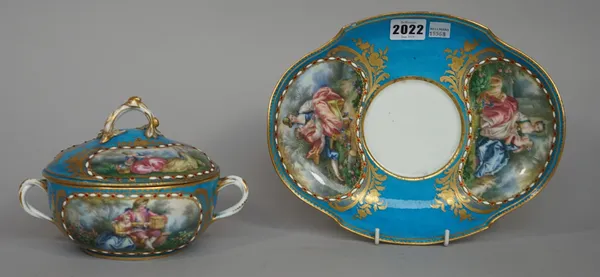 A Sevres ecuelle cover and stand, interlanced 'L'S' enclosing date letter 'F' for 1758, initialled 'LG' for Le Guay, later decorated in 19th century,
