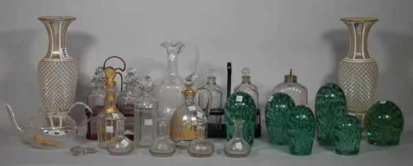 A quantity of glass wares, including; a pair of Bohemian enamelled flash cut vases, 35cm high, a blue glass vase, three 18th century style green glass