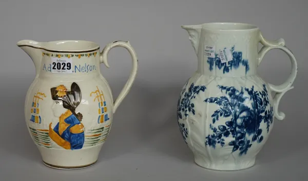 A late Prattware type jug, 20th century,  detailed with Admiral Nelson and Captain Berry, 18cm high and a Worcester first period cabbage leaf jug deco