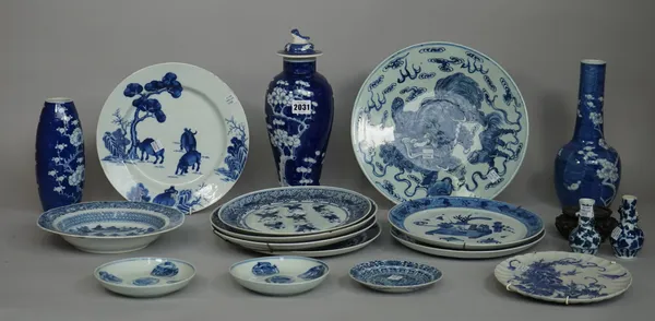 A quantity of Chinese blue and white porcelain and pottery, mainly 20th century, including; a lidded blue vase, 31cm high, a pair of small blue and wh