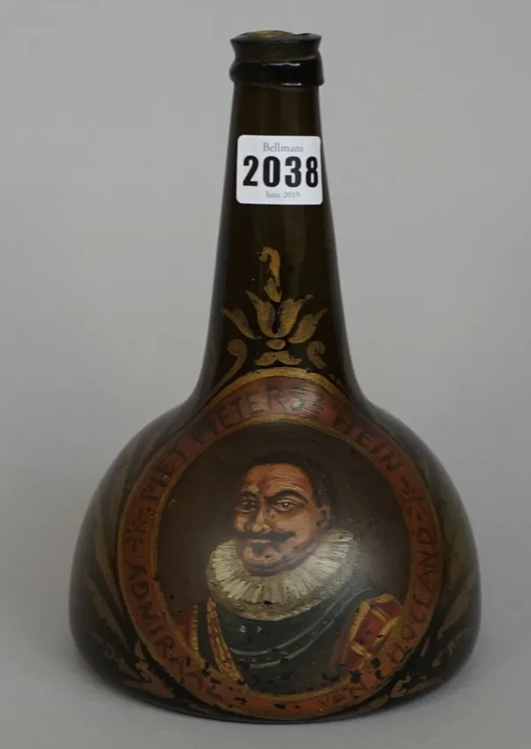 A Dutch green glass `horse hoof' bottle, mid 18th century, painted, possibly later, on one side with a titled head and shoulders portrait of Admiral P