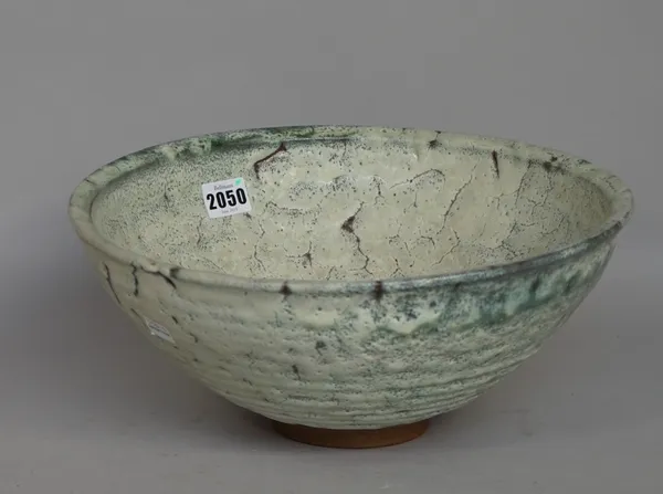 Dennis Lane (born 1922), a large thrown bowl, layered glazes, maker and Newland Harbour Potery studio marks, (1957/69), 33cm diameter.  DDS
