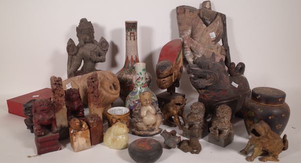 Asian collectables, including carved wooden figure groups, resin figure groups and soapstone, (qty).