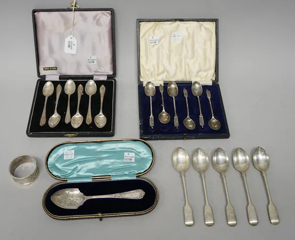 Silver, comprising; a set of six teaspoons, having figure terminals to the handles, Birmingham 1924, a set of six teaspoons, Sheffield 1954, a preserv