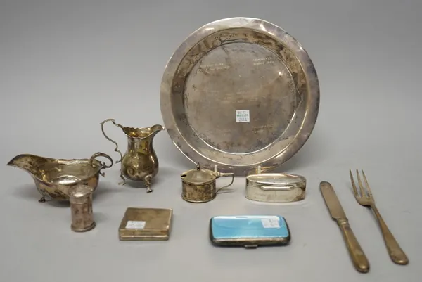 Silver and silver mounted wares, comprising; a cream jug, a sauceboat, a mustard pot, (the liner lacking), a pepperette, an oval hinge lidded box, a p