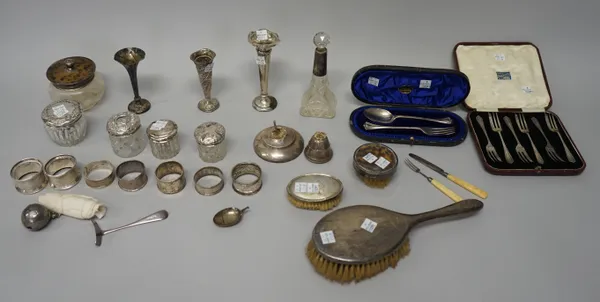 Silver and silver mounted wares, comprising; a set of six pastry forks, Sheffield 1928, with a case, a christening spoon and fork, Sheffield 1904, wit