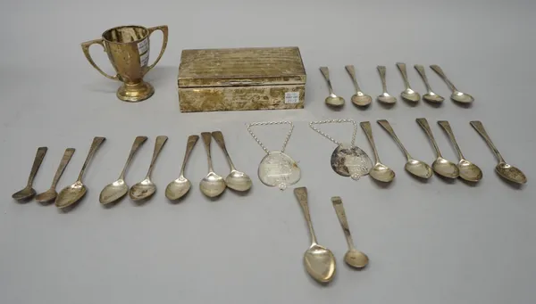 Silver and silver mounted wares, comprising; a set of six Old English pattern teaspoons, with later engraved decoration, probably London 1799, twelve