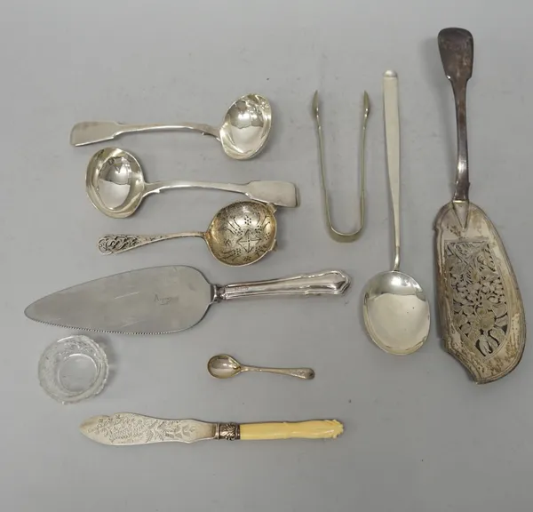 Silver flatware, comprising; a pair of fiddle pattern sauce ladles, London 1830, a fiddle pattern fish slice, with engraved and pierced decoration, Lo
