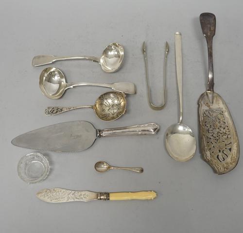 Silver flatware, comprising; a pair of fiddle pattern sauce ladles, London 1830, a fiddle pattern fish slice, with engraved and pierced decoration, Lo