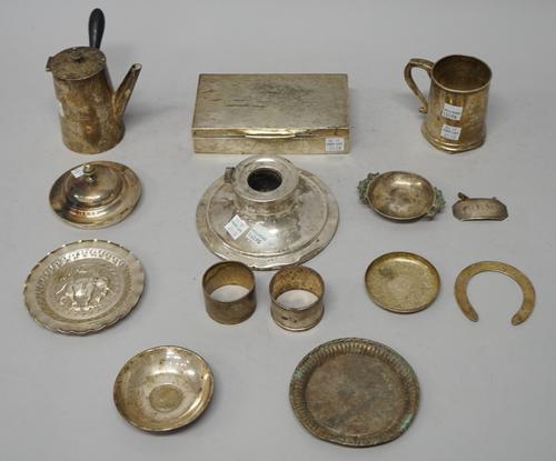 Silver and silver mounted wares, comprising; a rectangular table cigarette box, Chester 1937, an inkstand, (the lid lacking), a small coffee pot, Shef