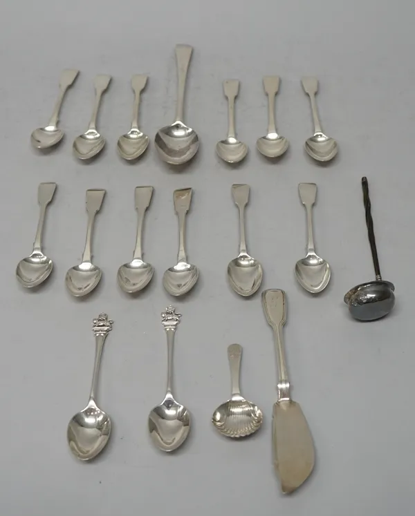 Silver flatware, comprising; a set of six fiddle pattern teapsoons, London 1833, a set of six fiddle teaspoons, London 1827, a bottom marked tablespoo