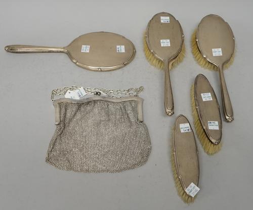 Silver and silver mounted wares, comprising; a lady's chain mesh evening bag, the shaped mount with a snap clasp and fitted with a carrying chain, imp