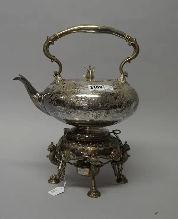 A Victorian silver plated spirit kettle and stand, the hinged lid with a swan finial, the body with scroll engraved decoration, raised on a stand, hav