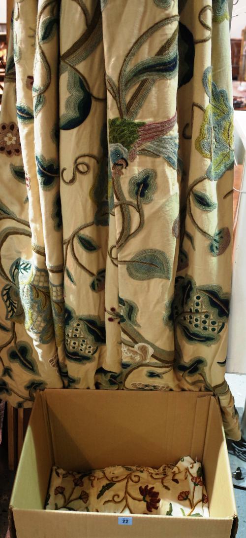 A pair of Crewell curtains 110cm wide, the drop 185cm and further Crewell work fabric.