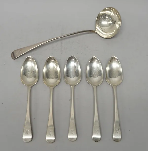 Silver Old English pattern table flatware, comprising; five tablespoons, London 1796 and a soup ladle, London 1787, crest engraved, combined weight 50