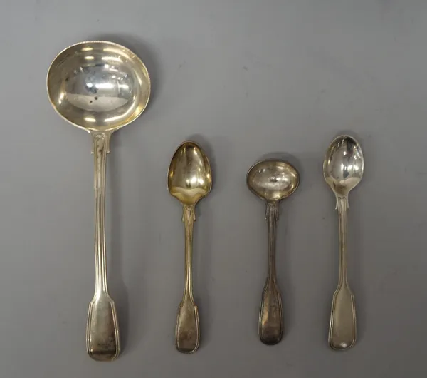 A group of silver fiddle and thread pattern table flatware, comprising; three sauce ladles, four salt spoons and nine egg spoons, varous dates and mak