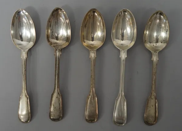 Twenty-one silver fiddle and thread pattern dessert spoons, varous dates and makers. combined weight 1246 gms. (21).