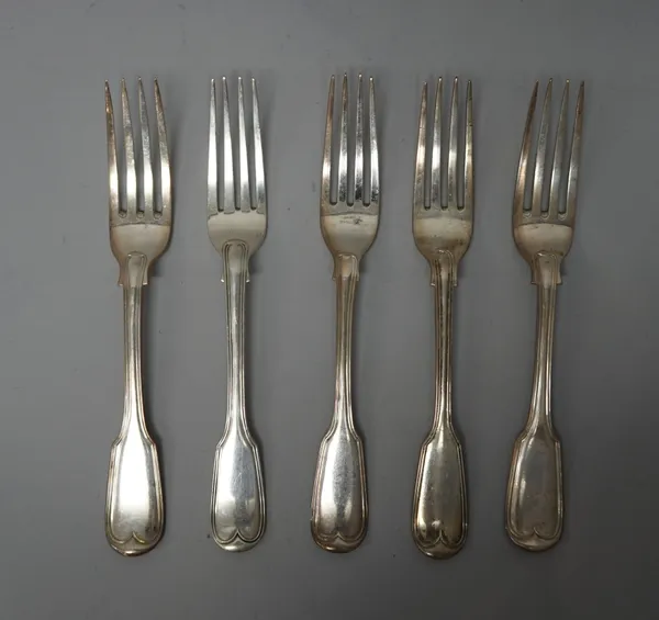 Twenty-one silver fiddle and thread pattern table forks, varous dates and makers, combined weight 1859 gms.  (21).