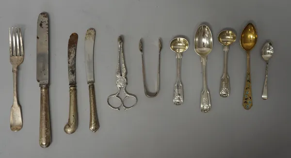 Silver flatware, comprising; five fiddle, thread and shell pattern large teaspoons, a pair of salt spoons, London 1857, a pair of Georgian sugar nips,