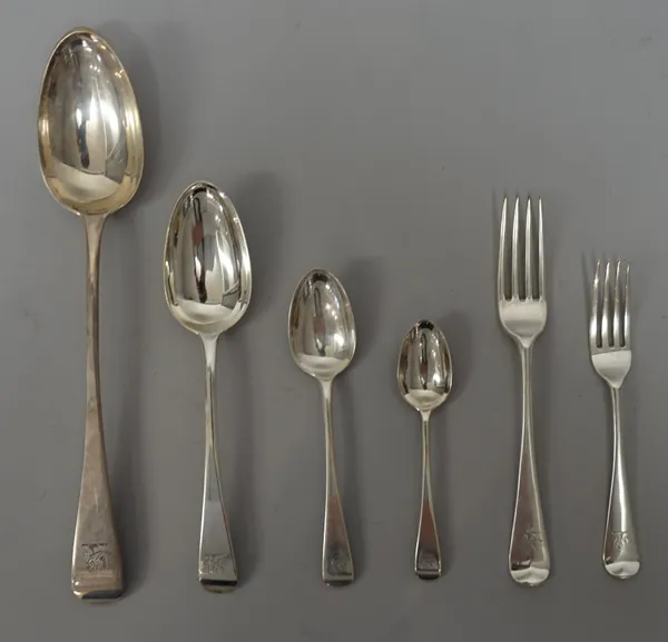 Victorian silver Old English pattern table flatware, comprising; a stuffing spoon, five tablespoons, nine table forks, four dessert spoons, six desser