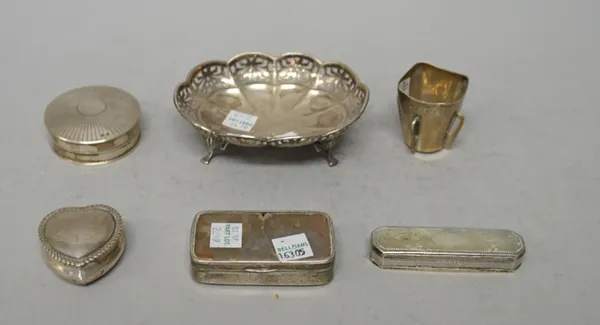 Silver and foreign wares, comprising; a Victorian  heart shaped pill box, Chester 1895, a circular powder box, with engraved decoration, Birmingham 19