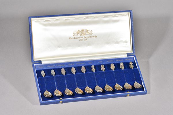 An Elizabeth II set of ten silver apostle spoons, The American Royal Family 1607-1776, cased, London 1977, combined weight 392 gms, (10).  Illustrated