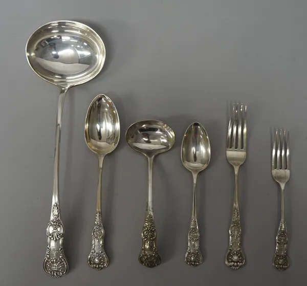 Victorian silver King's pattern flatware, comprising; twelve table forks, twelve dessert forks, twelve tablespoons, twelve dessert spoons, two stuffin