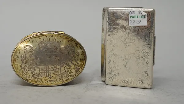 An 18th century unmarked silver gilt tobacco box of oval form, engraved to the lid with armorial crest and motto "Nous Maintendrons" for the Duke of S