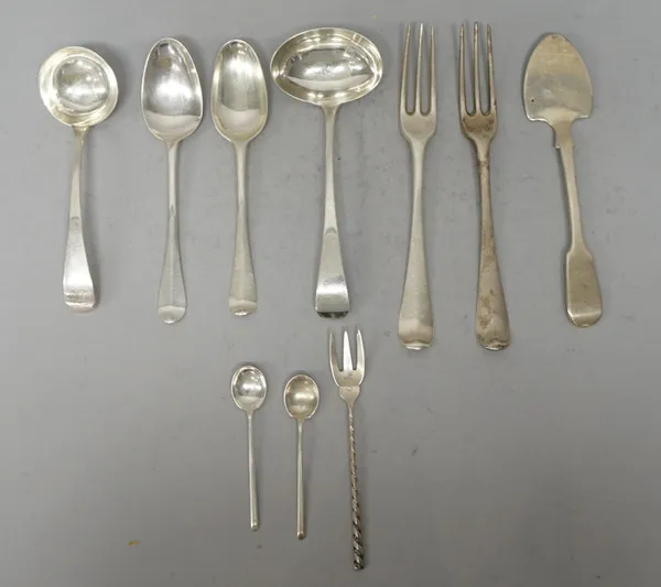 Assorted silver flatware including; a set of 5 Scottish George III table spoons, Edinburgh 1775; and assorted 18th/19th century spoons, forks and misc