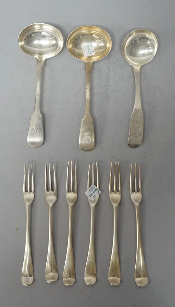 Assorted silver flatware, all with assorted armorials, including; a set of six George III three prong dessert forks, Whipham and Wright, London 1759;