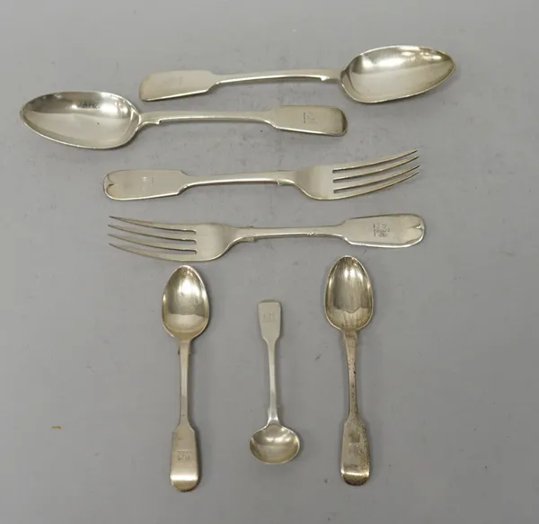 A quantity of silver flatware, each with engraved armorial of bat with raised wings, assorted dates and makers but predominately 19th century, compris