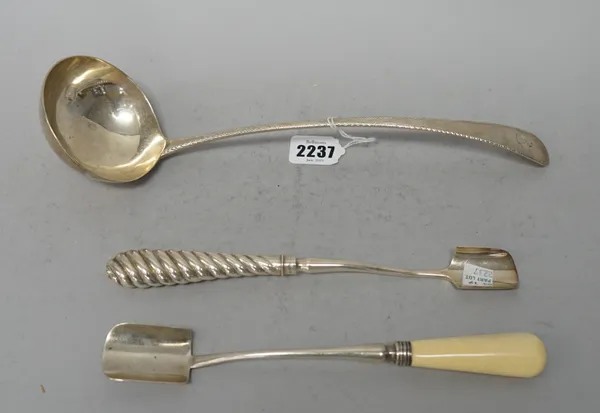 A George III silver ladle in the feather edge pattern, Peter and Ann Bateman, London 1813, 33.5cms long, 150g.; an ivory handled silver stilton scoop,