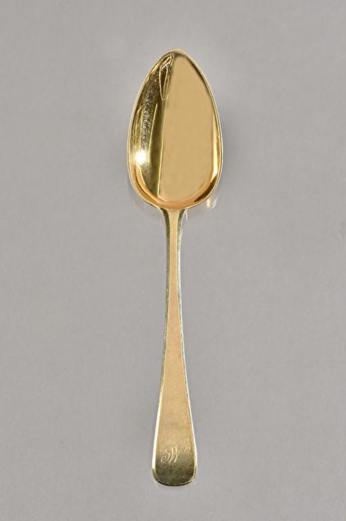 An early 19th century Russian set of six silver gilt spoons in the English manner, St Petersburg AH, ICP, later initialled, 277g. (6) Illustrated