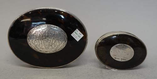 An early 19th century white metal and tortoiseshell oval snuff box and cover, inscribed "James Burnell Mere Wiltshire" and faintly engraved with a mas