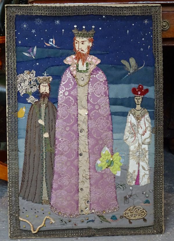 A 20th century embroiled panel depicting a religious scene, 50cm wide x 76cm high.