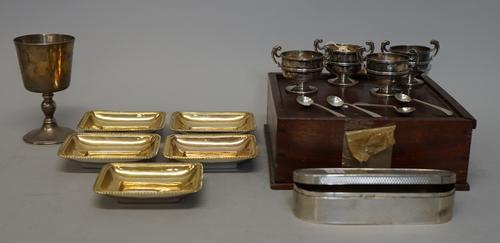 Small silver including; a set of four silver gilt salts of dished rectangular form, no town mark, maker's mark rubbed but possibly London 1808, 10cms