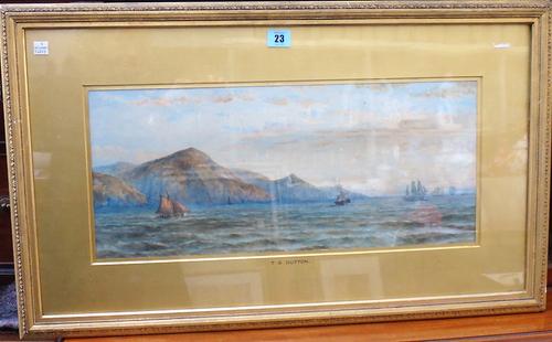 Attributed to Thomas Goldsworth Dutton (circa 1819-1891), Shipping at dusk, watercolour, bears signature and date 1882, 23xm x 53cm.