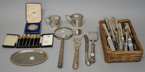 Assorted small silver and plate including; two mustard pots, no liners, 205g.; cased set of six enamelled coffee spoons (one broken); 1977 Jubilee com