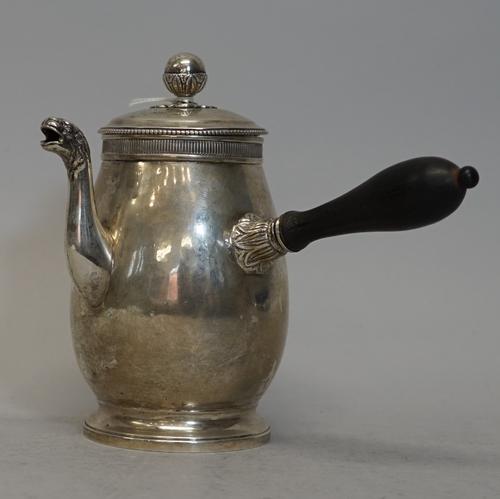 An early 19th century Belgian silver chocolate pot, 1814-1831 .833 fineness mark, Brussels guarantee mark, assayer's mark of Jean Baptiste Philippe Br