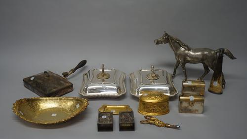 Assorted silver plate including;  a model of a standing horse; tow Dior match sleeves; a horn powder horn with plated ends;  a gilt metal oval shaped