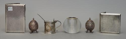 A late Victorian silver mounted and glass match striker, Chester 1895, a silver cigarette case, with engine turned decoration, a silver square cigaret