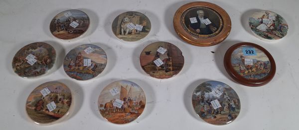 A group of eleven 19th century prattware pot lids, including two framed, (11).